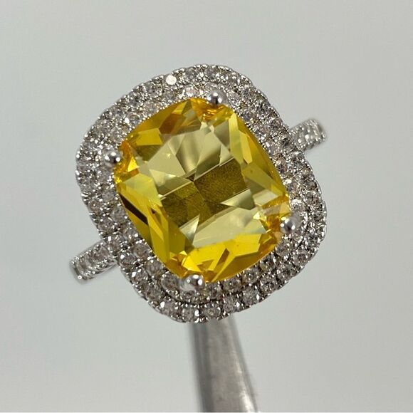 Beautiful Statement Radiant Cut Halo Canary Yellow Diamond CZ Silver Plated Ring